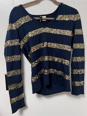 Navy V-Neck Sweater with Gold Sequin Stripes